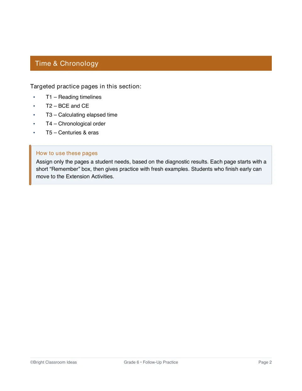Time and Chronology section introduction listing T1–T5: timelines, BCE and CE, elapsed time, order, and eras