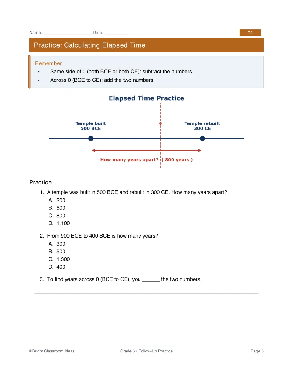 T3 elapsed time practice showing a temple built in 500 BCE and rebuilt in 300 CE, plus date calculations