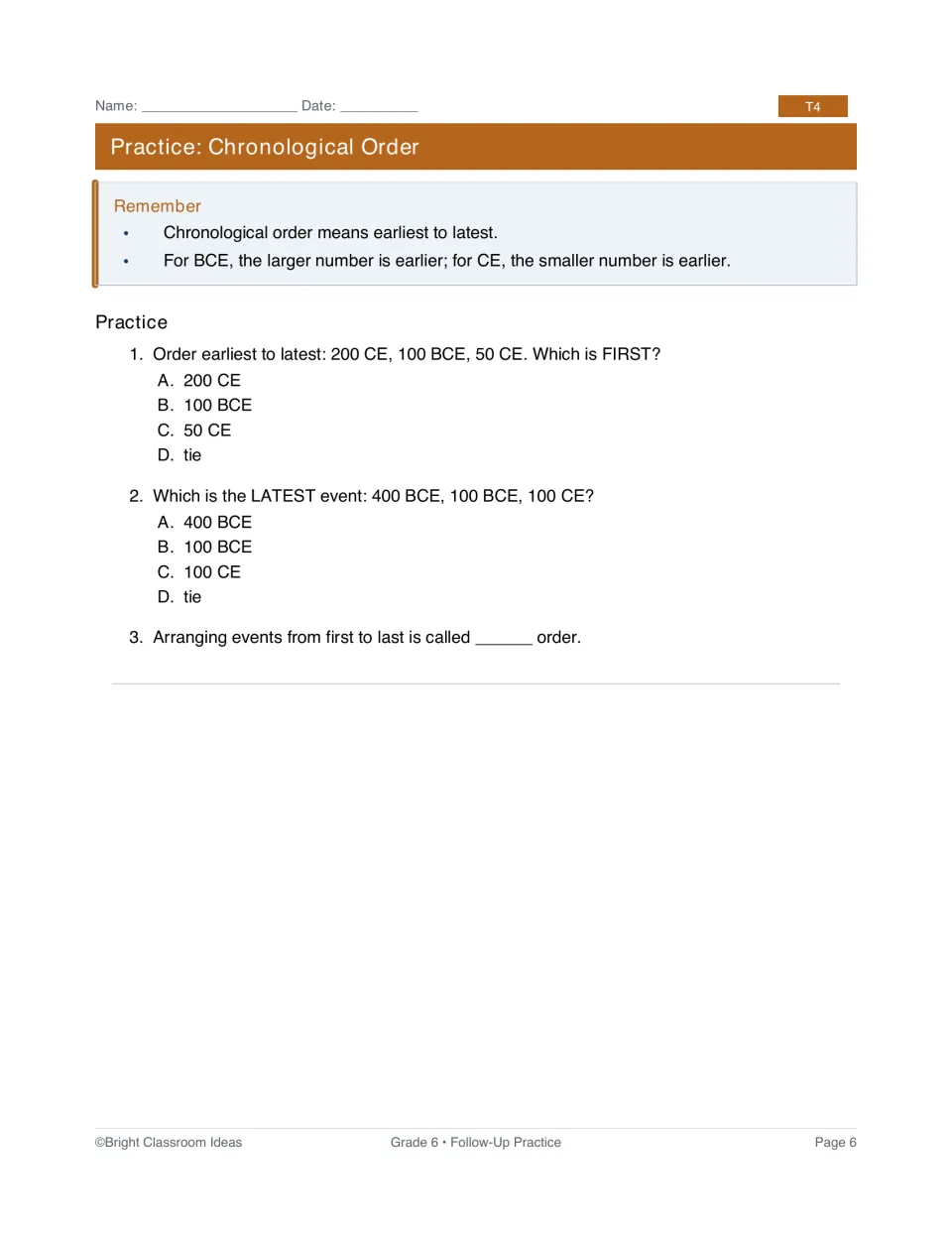 T4 chronological order practice asking which dates come first and last in groups of BCE and CE dates