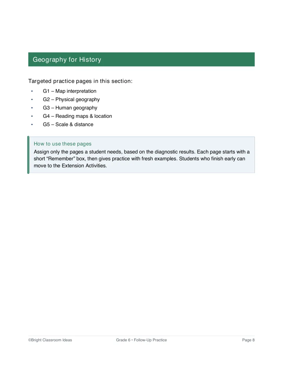 Geography for History introduction listing G1–G5 practice in map skills, physical and human geography, and scale