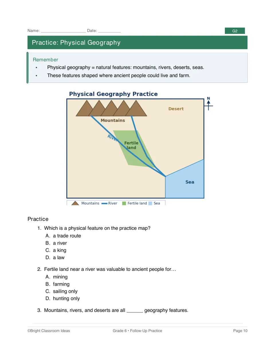 G2 physical geography practice using a map of mountains, rivers, fertile land, desert, and sea