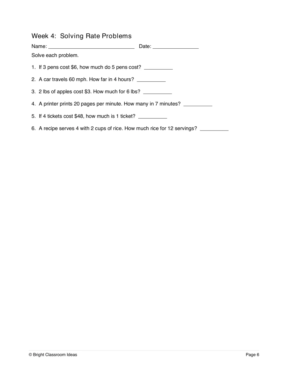 Week 4, Solving Rate Problems: students solve word problems on pen prices, distance, printing speed and recipe servings