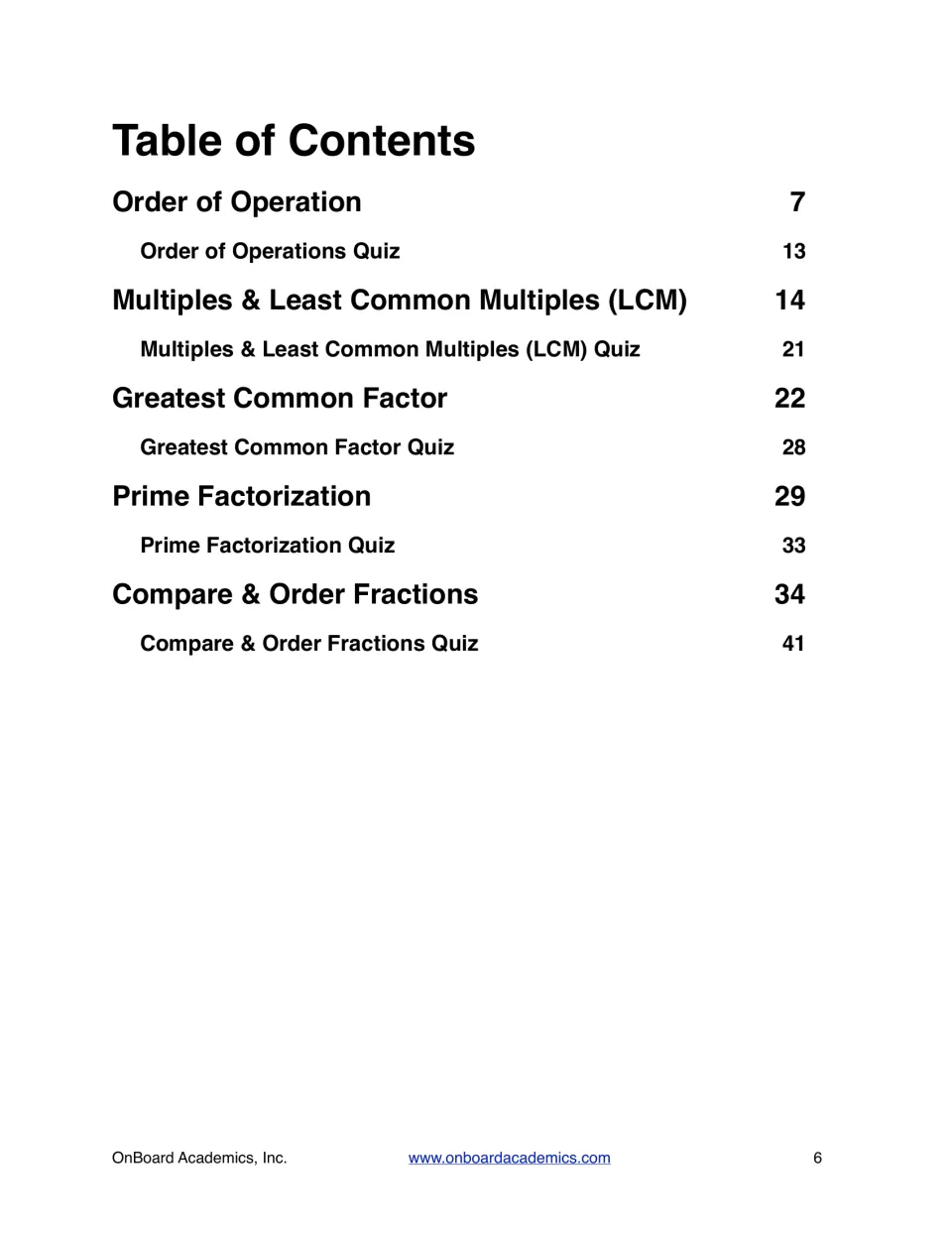 Table of contents: five math units, each followed by a quiz, from order of operations through compare and order fractions