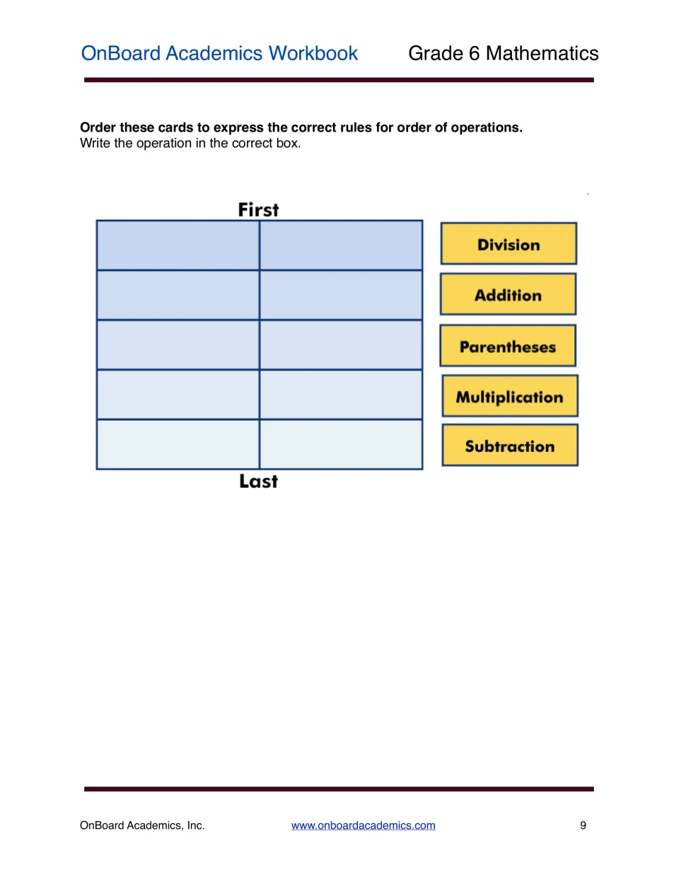 Sequencing order of operations: students write five operation cards into a first-to-last order to show the rules