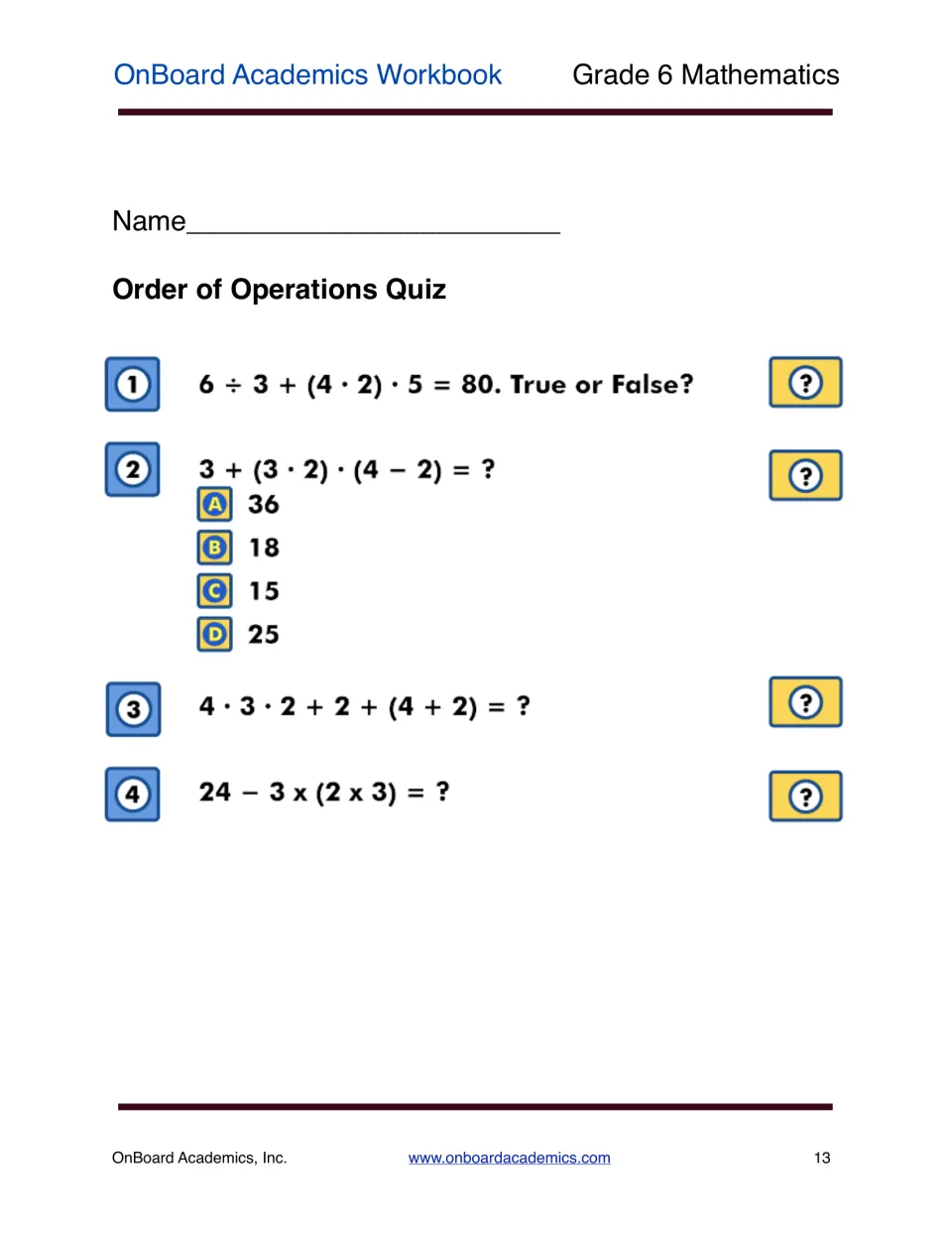 Order of Operations Quiz: four items including a true-or-false equation and a multiple-choice expression with parentheses