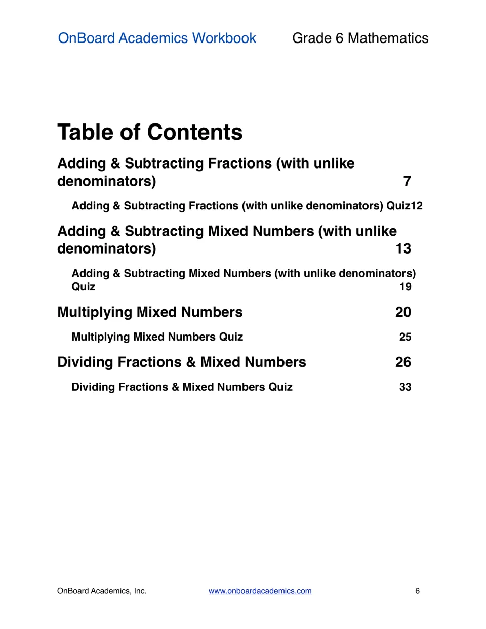 Table of contents: four fraction and mixed-number units, each followed by a quiz, with page numbers from 7 to 33