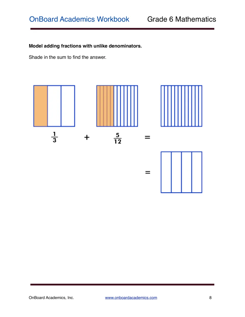 Fraction model of 1/3 + 5/12: students shade bars in twelfths and fourths to find the sum with unlike denominators