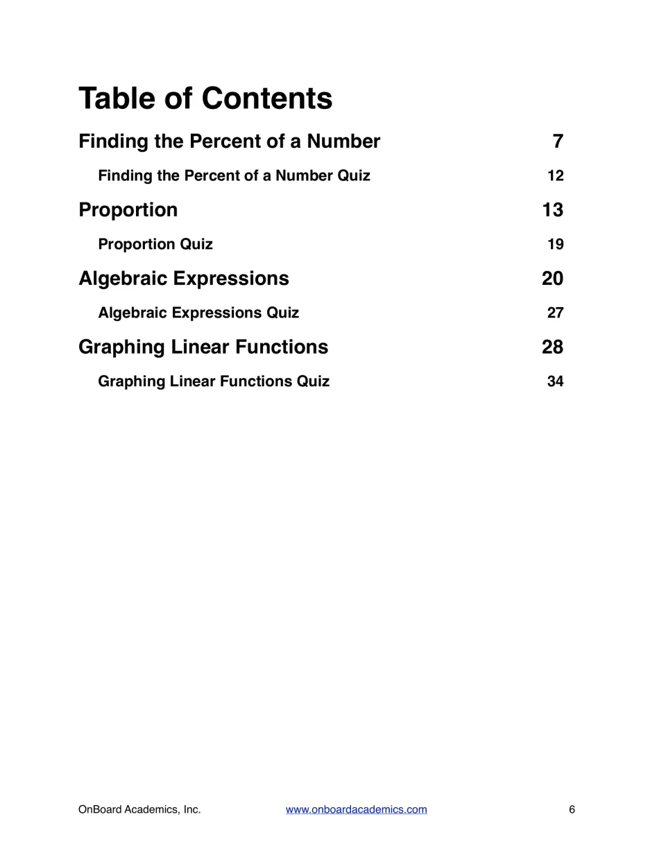 Table of contents listing four units, each followed by a quiz, from percent of a number through graphing linear functions