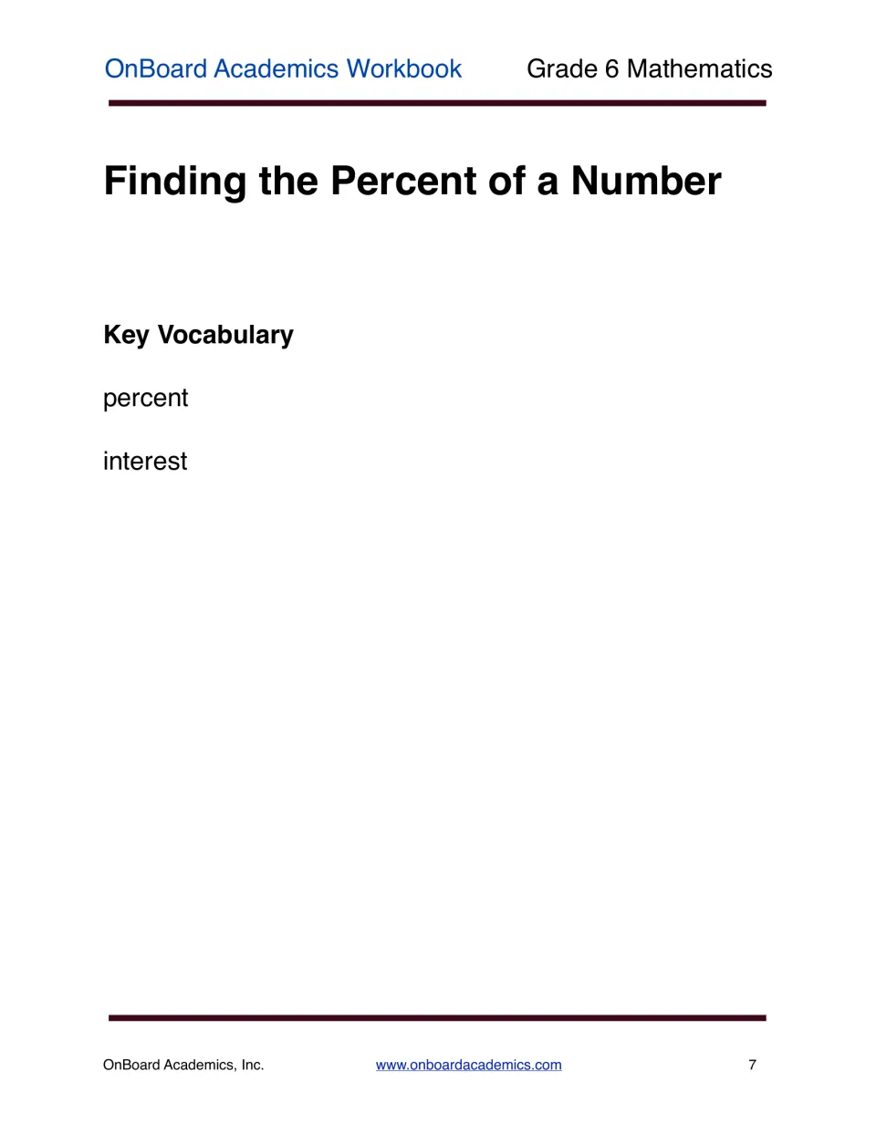 Finding the Percent of a Number unit opener introducing the key vocabulary words percent and interest