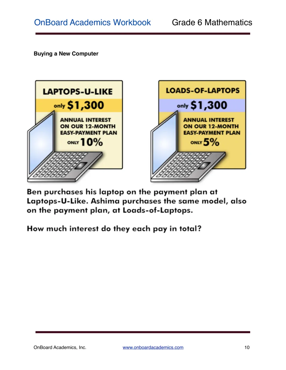 Interest word problem: students compare 10% and 5% interest on a $1,300 laptop to find what Ben and Ashima each pay