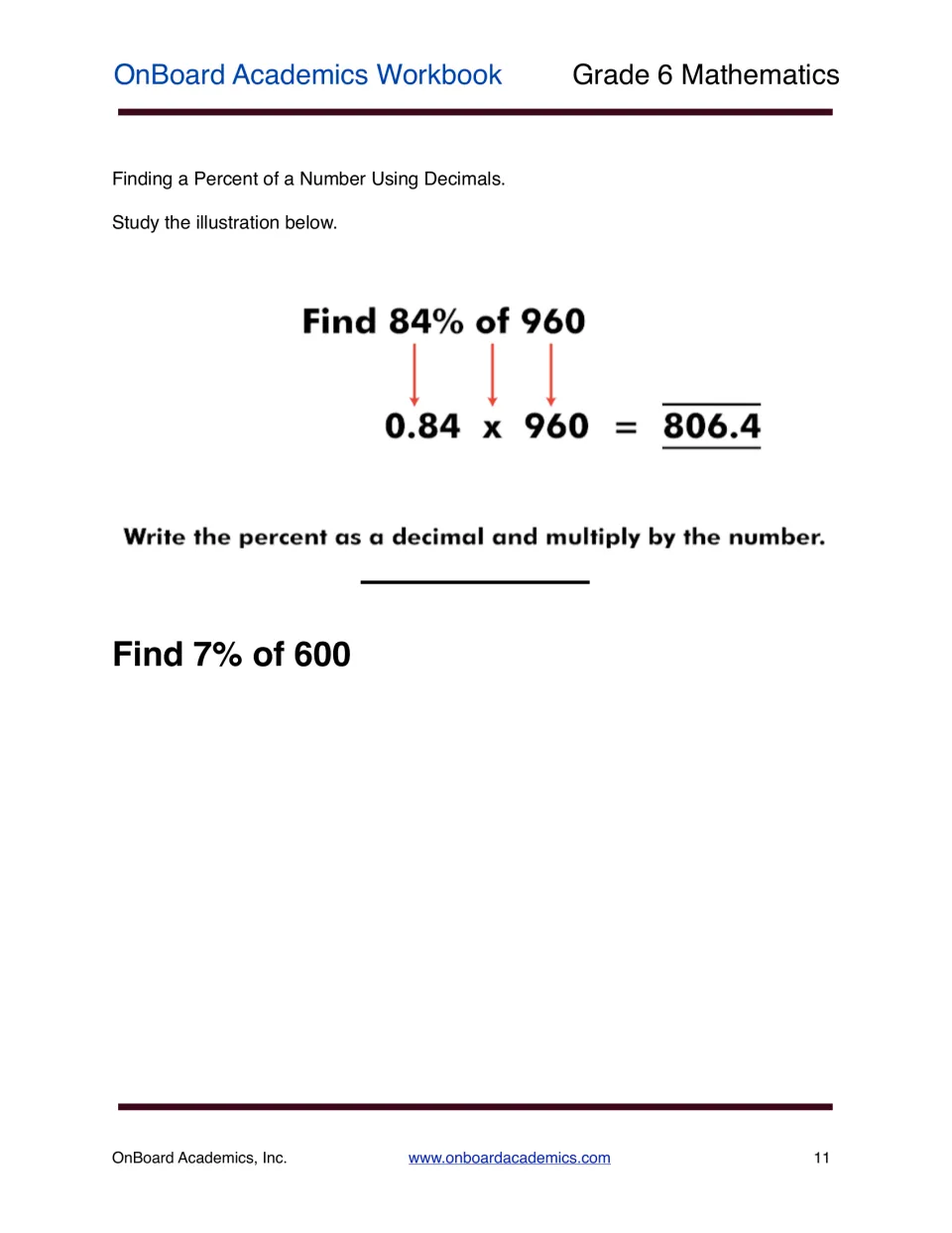 Percent as a decimal: a worked example shows 84% of 960 as 0.84 x 960 = 806.4, then students find 7% of 600