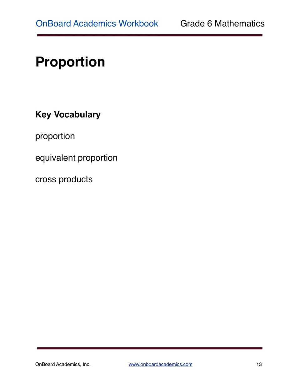 Proportion unit opener listing the key vocabulary terms proportion, equivalent proportion and cross products