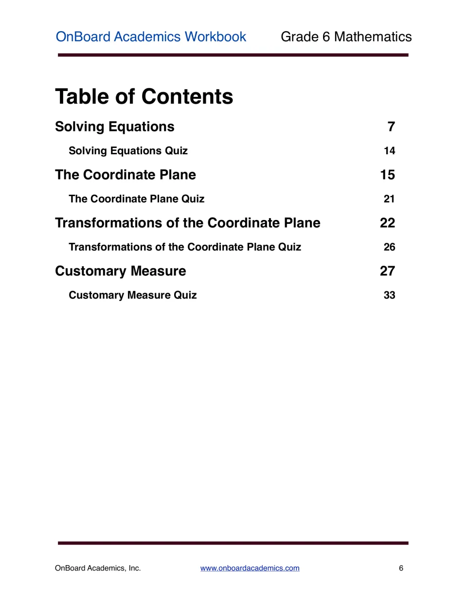 Table of contents for the math workbook: four units and their quizzes, from Solving Equations on page 7 to Customary Measure