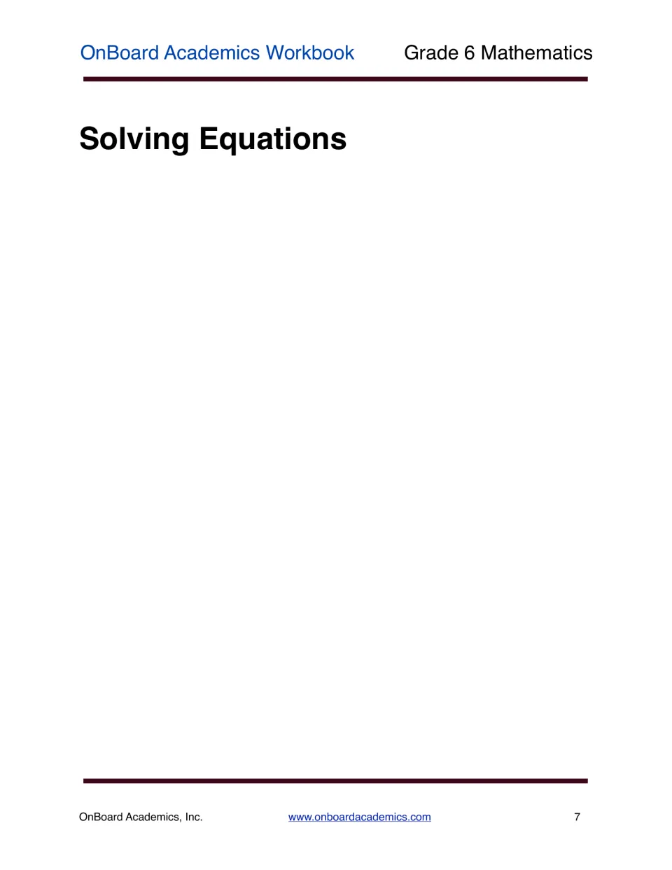 Solving Equations section title page opening the first unit of the workbook, with the heading and no other content