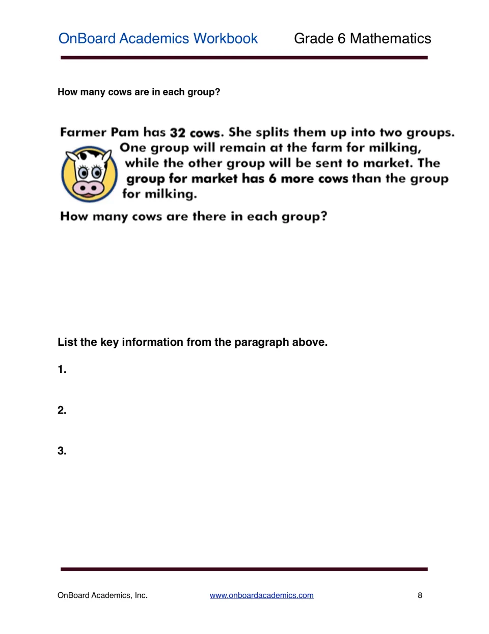 Word problem on Farmer Pam's 32 cows split into two groups: students list three key facts before finding each group's size