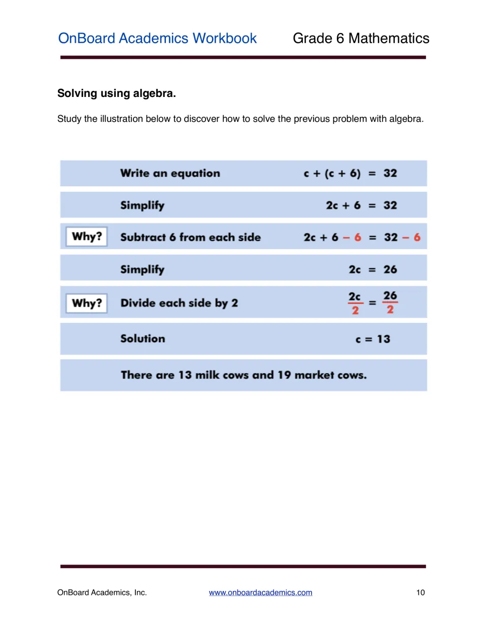 Solving using algebra: worked steps take c + (c + 6) = 32 to c = 13, with Why? prompts for subtracting 6 and dividing by 2