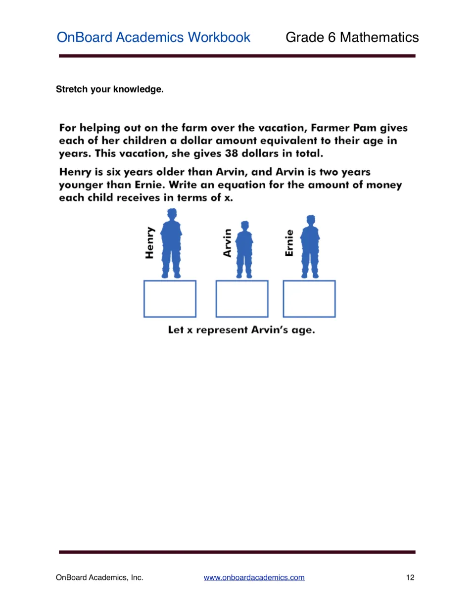 Stretch your knowledge: Pam gives her children $38 by age; students write each child's amount in terms of x, Arvin's age