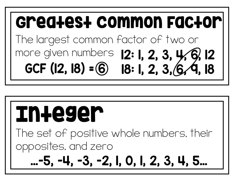 Greatest common factor and integer word cards: factor lists for 12 and 18 show GCF = 6, plus integers listed from -5 to 5