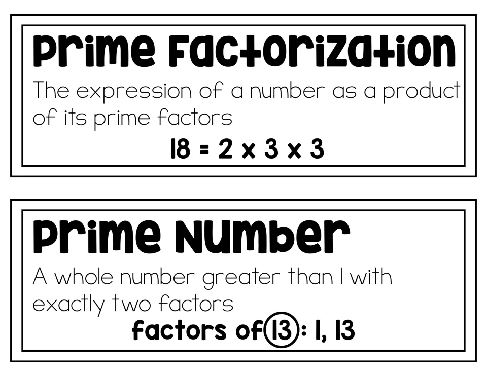 Prime factorization and prime number word cards: 18 = 2 x 3 x 3 as a product of primes, and 13 shown with factors 1 and 13