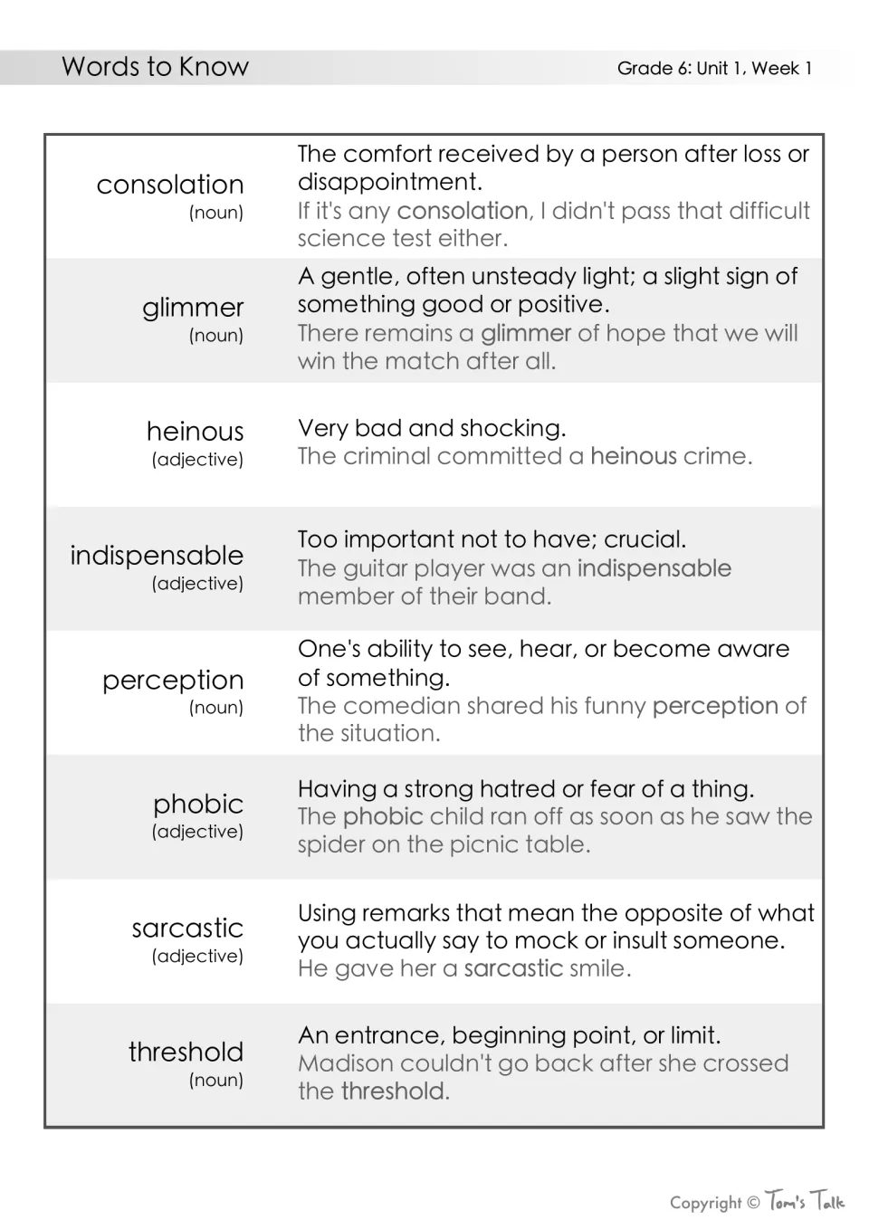 Unit 1, Week 1 vocabulary list: 8 words from consolation to threshold, each with part of speech, definition and a sentence