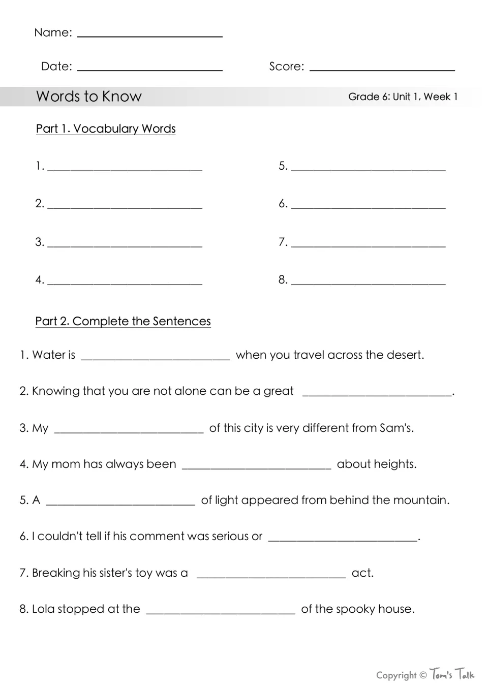 Unit 1, Week 1 vocabulary quiz: students write the 8 words, then complete 8 cloze sentences with the right word