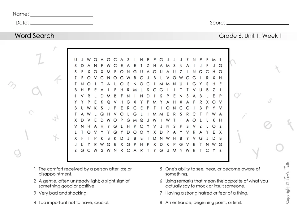 Vocabulary word search: students find the 8 Unit 1, Week 1 words hidden in the puzzle using the numbered definition clues
