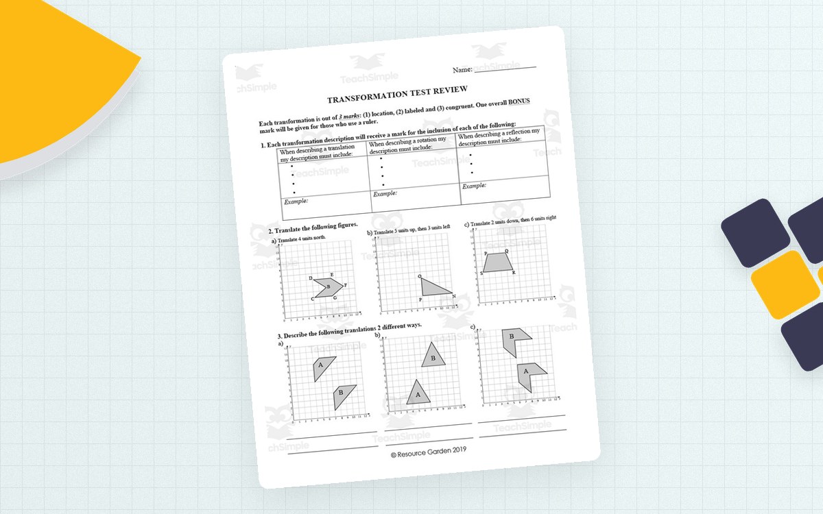 Grade 6 Transformations Review worksheet with coordinate-grid translation, rotation, and reflection problems.
