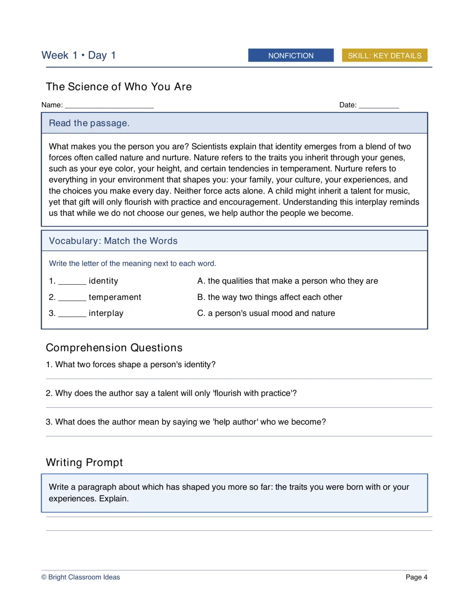 Week 1, Day 1 nonfiction worksheet: The Science of Who You Are explores nature, nurture and personal identity