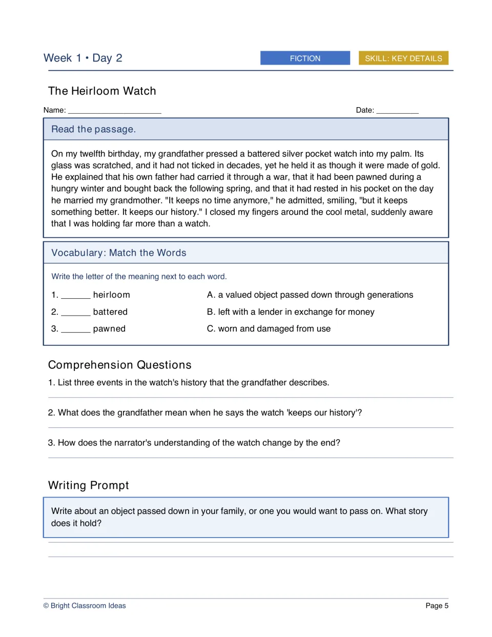 Week 1, Day 2 fiction worksheet: The Heirloom Watch follows a grandfather's pocket watch and its family history