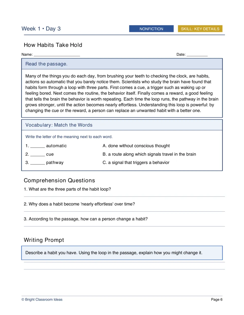 Week 1, Day 3 nonfiction worksheet: How Habits Take Hold explains the habit loop of cue, routine and reward