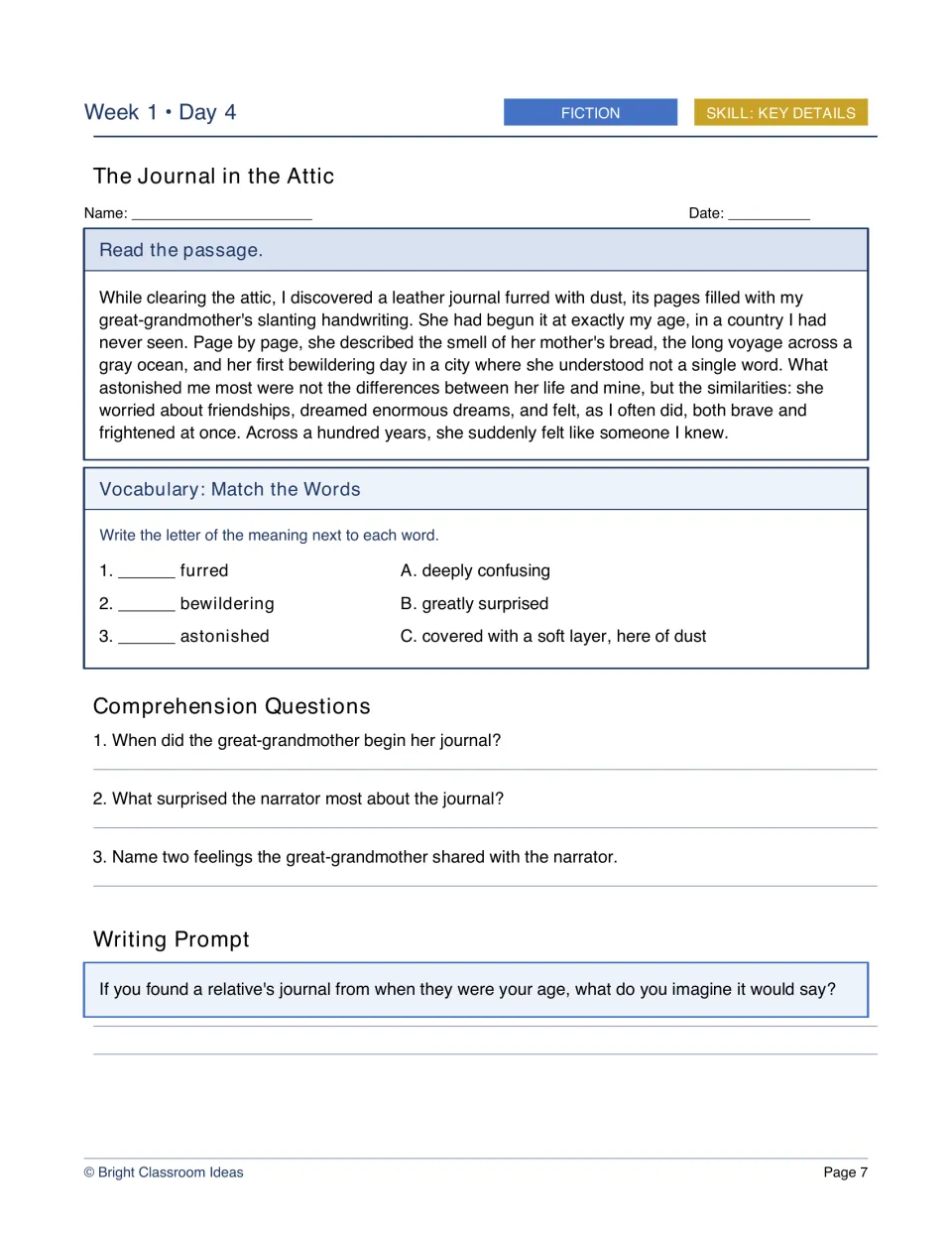 Week 1, Day 4 fiction worksheet: The Journal in the Attic connects a narrator to a great-grandmother's youth