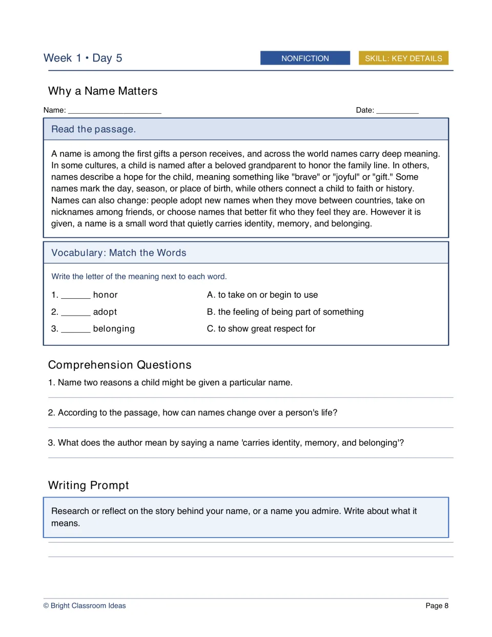 Week 1, Day 5 nonfiction worksheet: Why a Name Matters explores names as expressions of identity and belonging