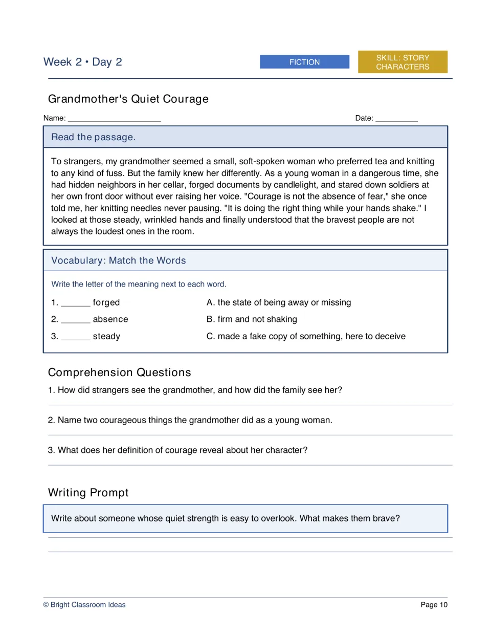 Week 2, Day 2 fiction worksheet: Grandmother's Quiet Courage reveals how a soft-spoken woman protected others