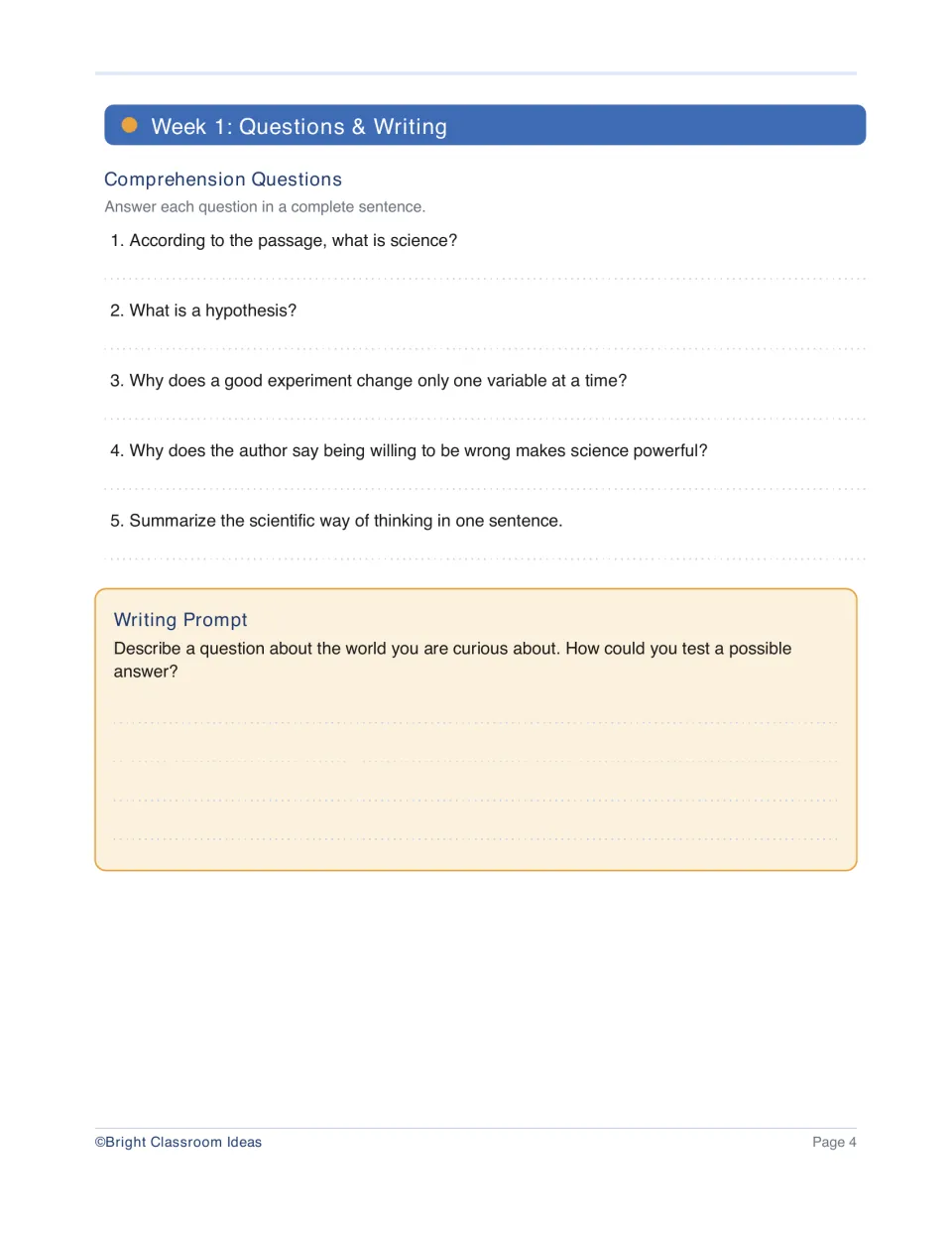 Week 1 response page asks five questions about scientific thinking and prompts students to propose a test