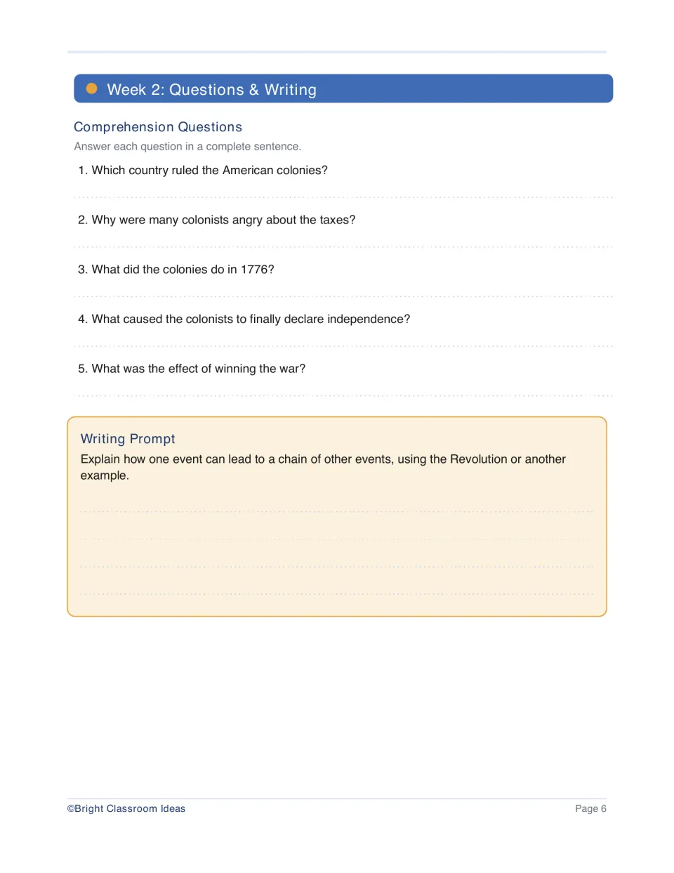 Week 2 response page asks five American Revolution questions and prompts writing about a chain of events