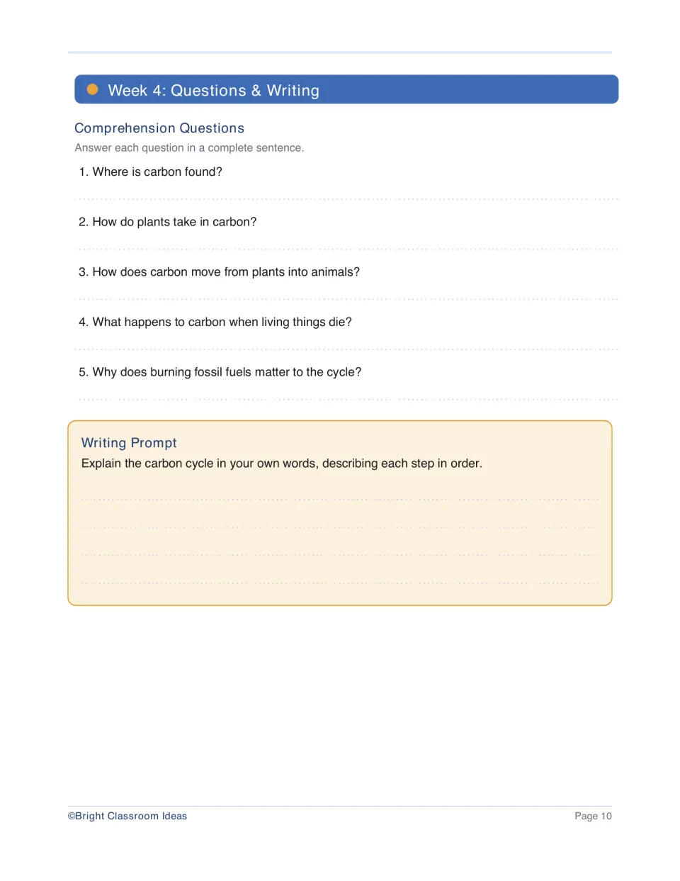 Week 4 response page asks five carbon cycle questions and prompts students to explain the steps in order