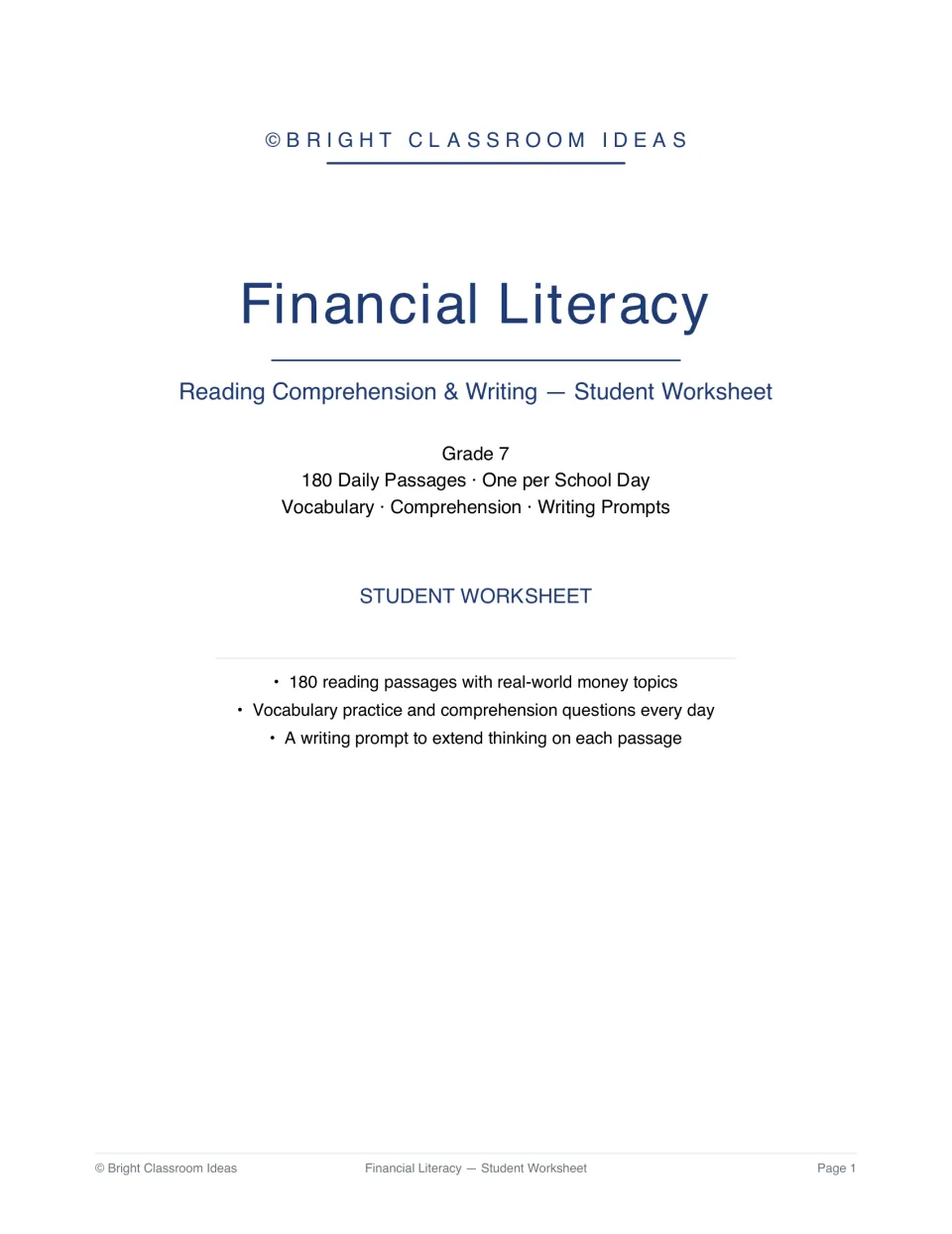 Student workbook cover introducing 180 daily money passages with vocabulary, comprehension, and writing