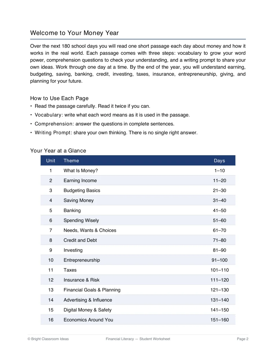Workbook introduction explains daily reading tasks and lists units 1–16, from money basics to economics