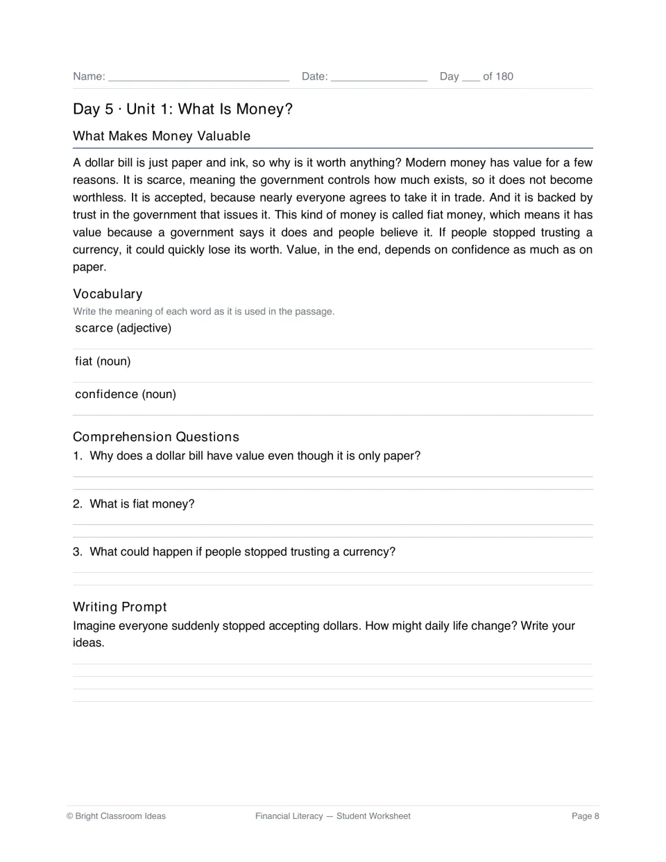 Day 5 reading lesson: What Makes Money Valuable, with fiat money vocabulary, comprehension, and a writing prompt