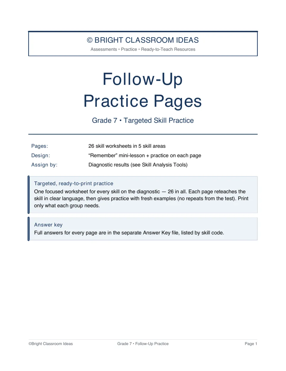 Follow-up practice packet cover for Grade 7, outlining 26 skill worksheets and a separate answer key