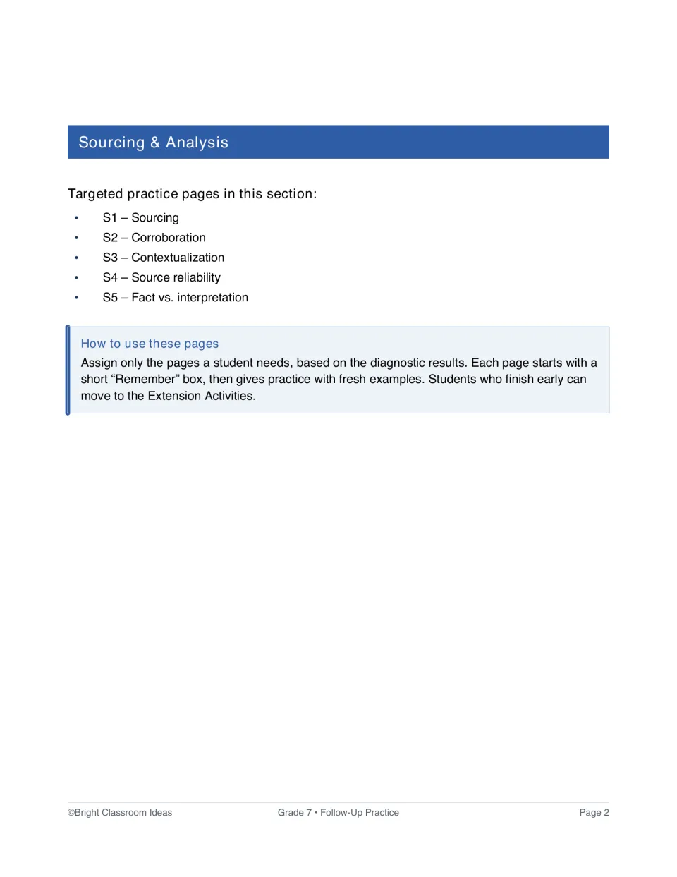 Sourcing and Analysis section introduction listing skills S1–S5 and directions for assigning practice