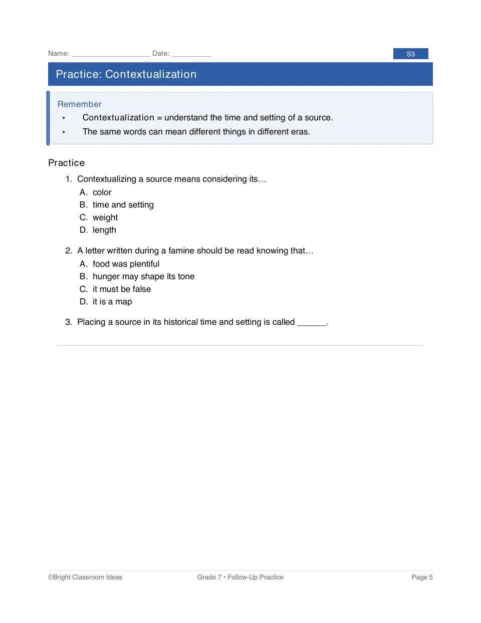 S3 contextualization practice: a review and three questions about a source's time and historical setting
