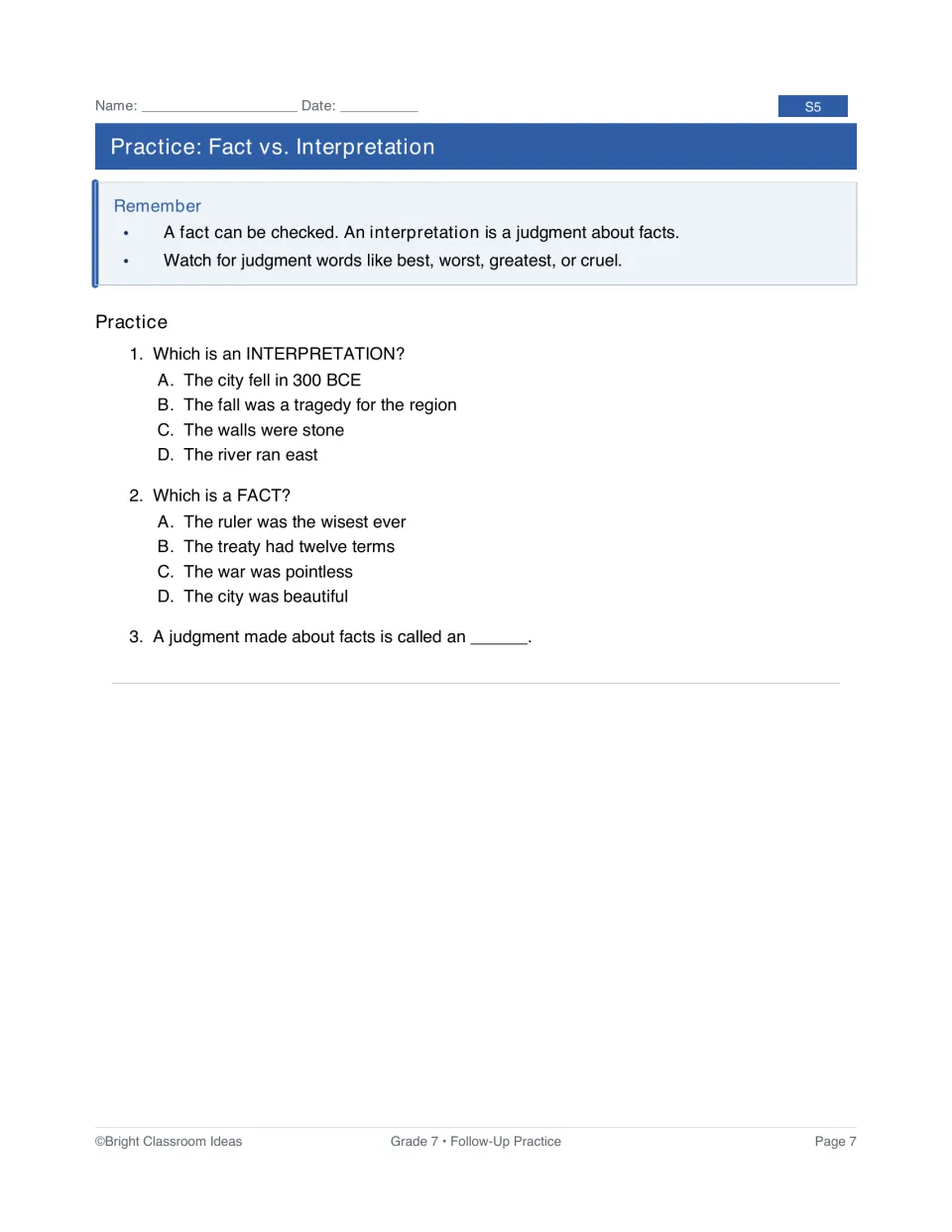 S5 fact versus interpretation practice: a review and three questions distinguishing facts from judgments