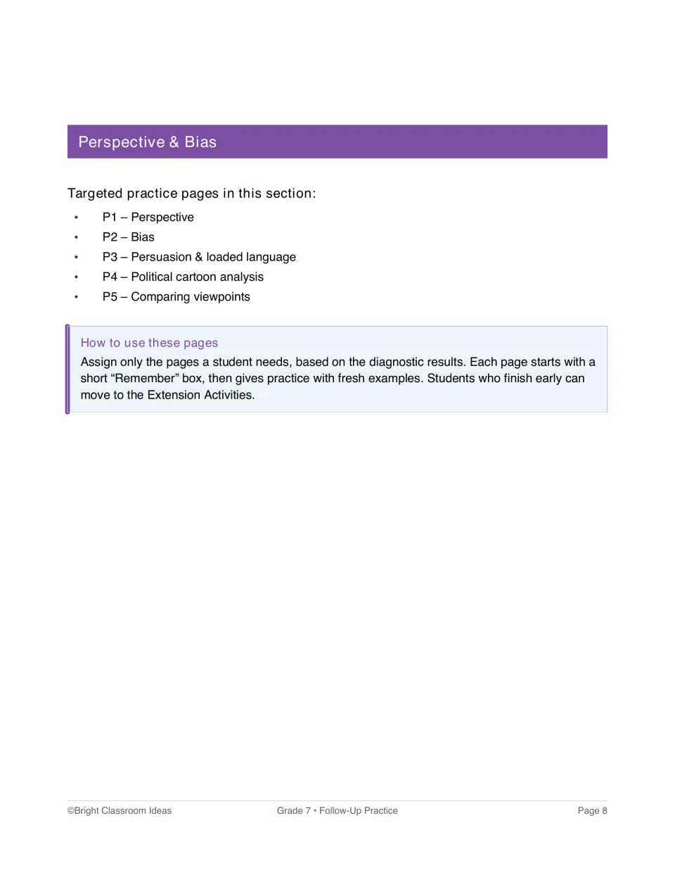 Perspective and Bias section introduction listing skills P1–P5 and directions for assigning practice