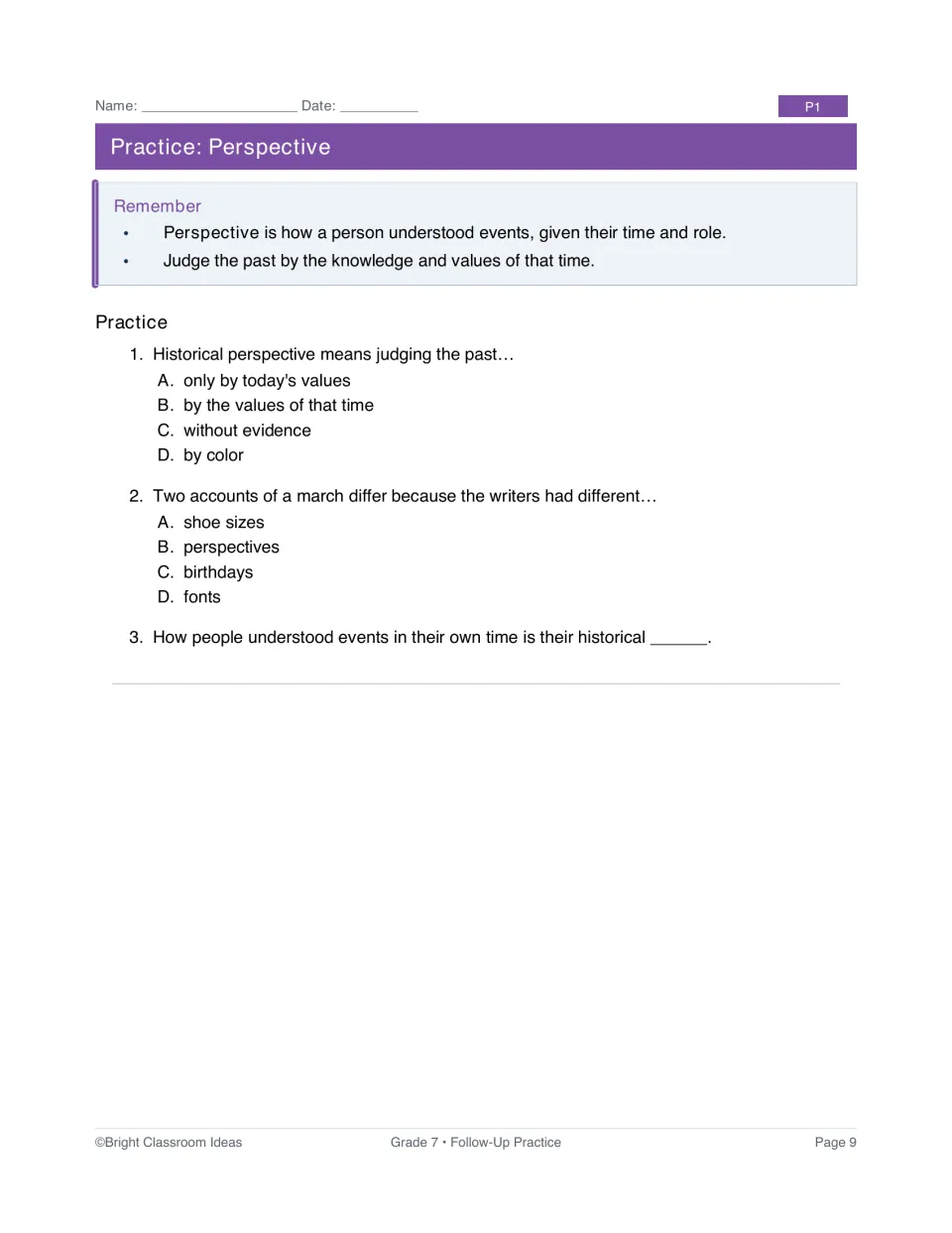 P1 perspective practice: a review and three questions about past values and differing accounts of a march