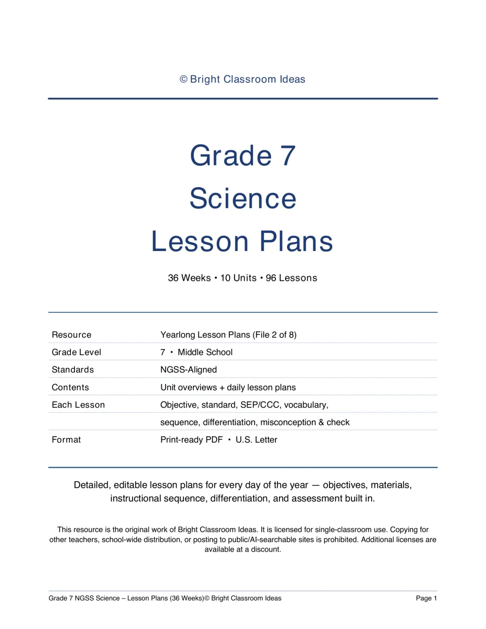Grade 7 Science Lesson Plans cover: 36 weeks, 10 units and 96 lessons, NGSS-aligned, File 2 of 8, print-ready PDF