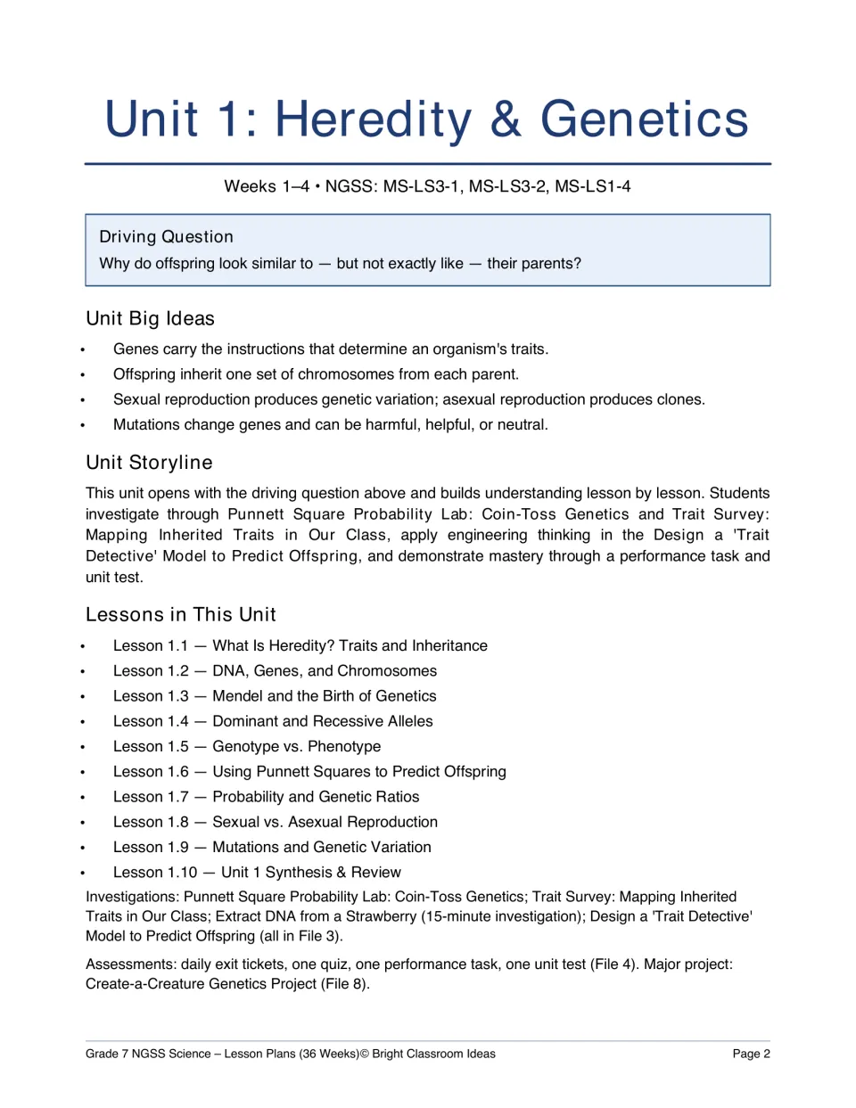 Unit 1 Heredity & Genetics overview, weeks 1-4: driving question, big ideas, storyline and list of lessons 1.1 to 1.10