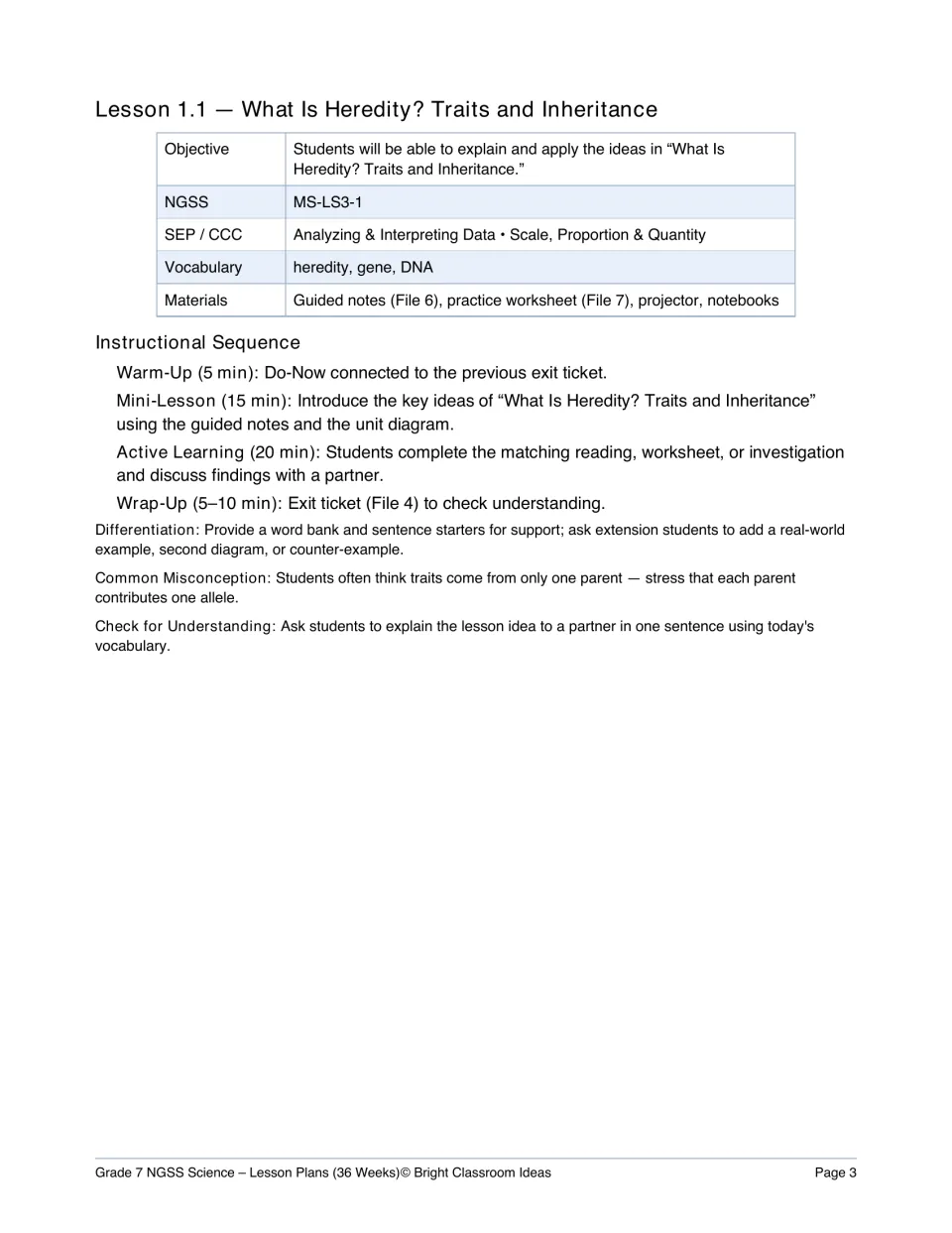 Lesson 1.1 plan, What Is Heredity? Traits and Inheritance: NGSS code, vocabulary, timed warm-up, mini-lesson and wrap-up