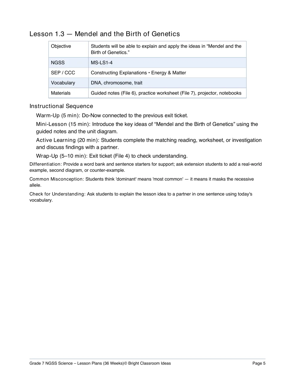 Lesson 1.3 plan, Mendel and the Birth of Genetics: objective, vocabulary, timed sequence and note on what dominant means