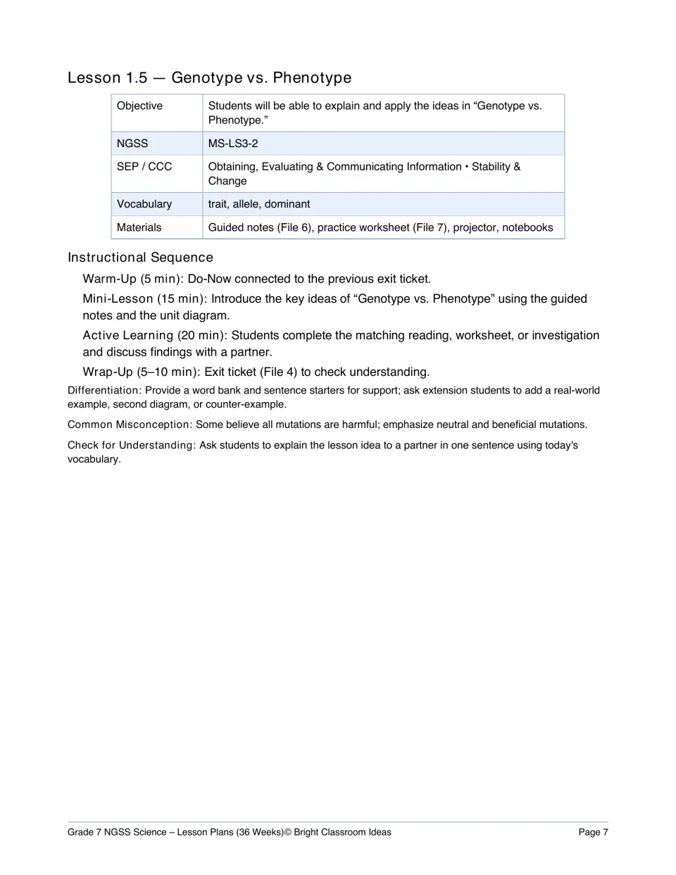 Lesson 1.5 plan, Genotype vs. Phenotype: vocabulary, warm-up, mini-lesson, active learning and a note on mutations